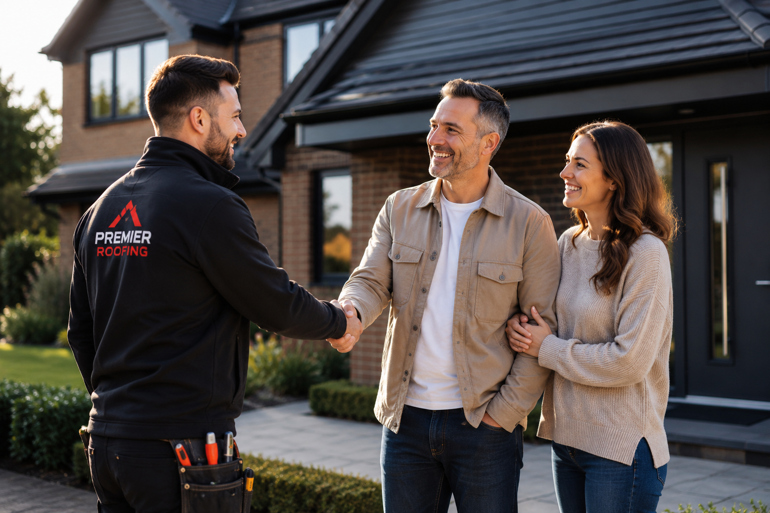 Professional roofer shaking hands with homeowners