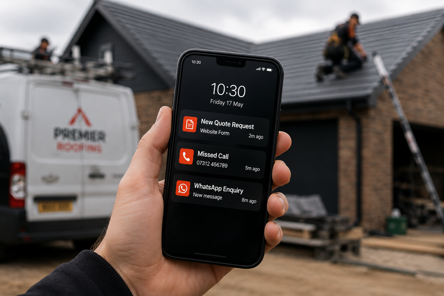 Phone showing roofing enquiries arriving