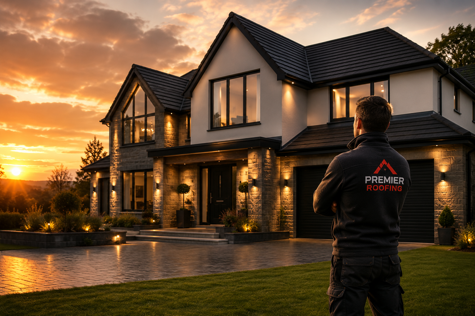 Premium house at sunset with completed roofing work